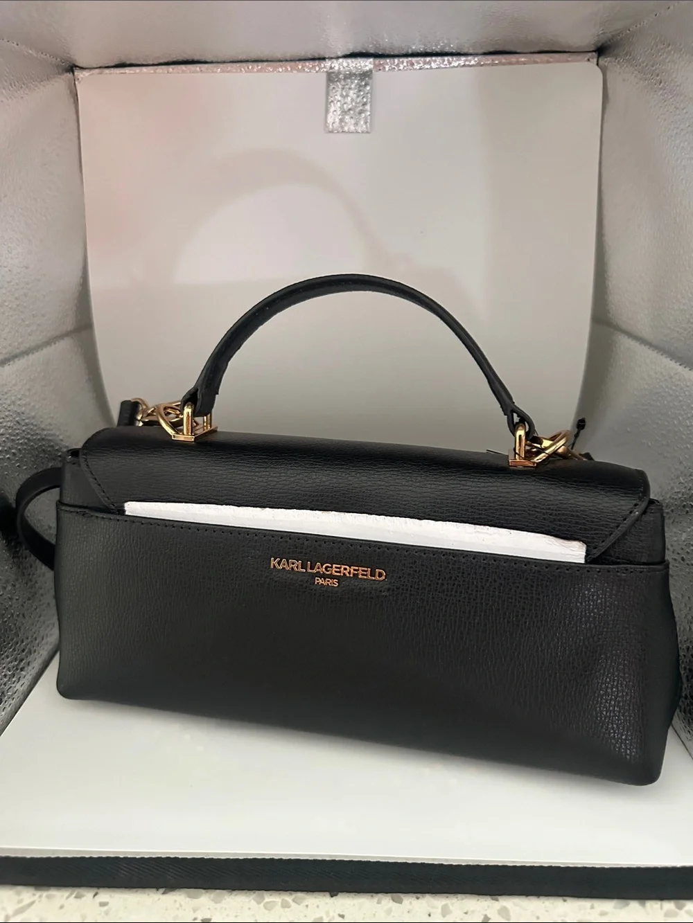 Karl Lagerfeld Black Leather Satchel with Gold-Tone Hardware and Graphic Accents
